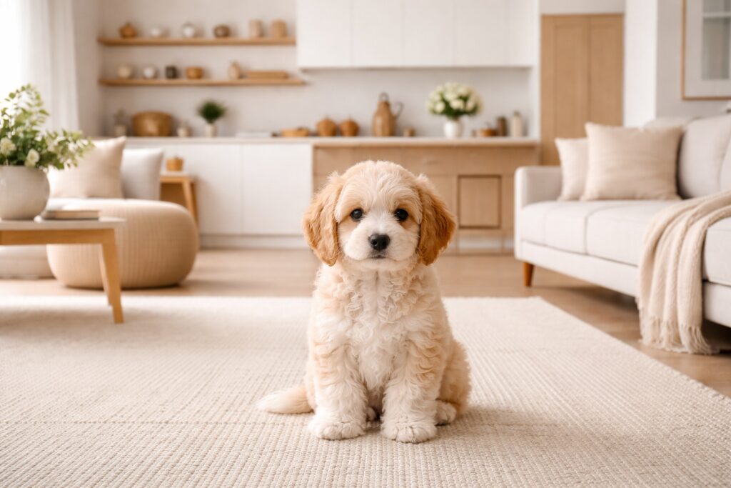 Cachorro pequeño en casa dentro de un ambiente tranquilo y preparado
