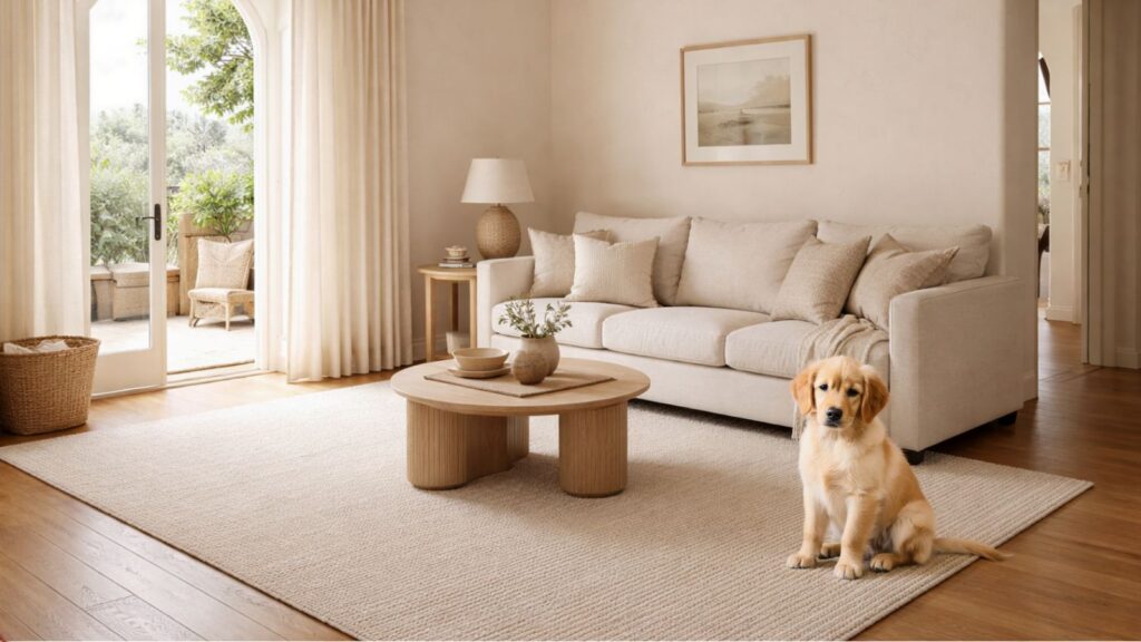 Cachorro golden retriever en casa durante sus primeros meses en un salón tranquilo y luminoso