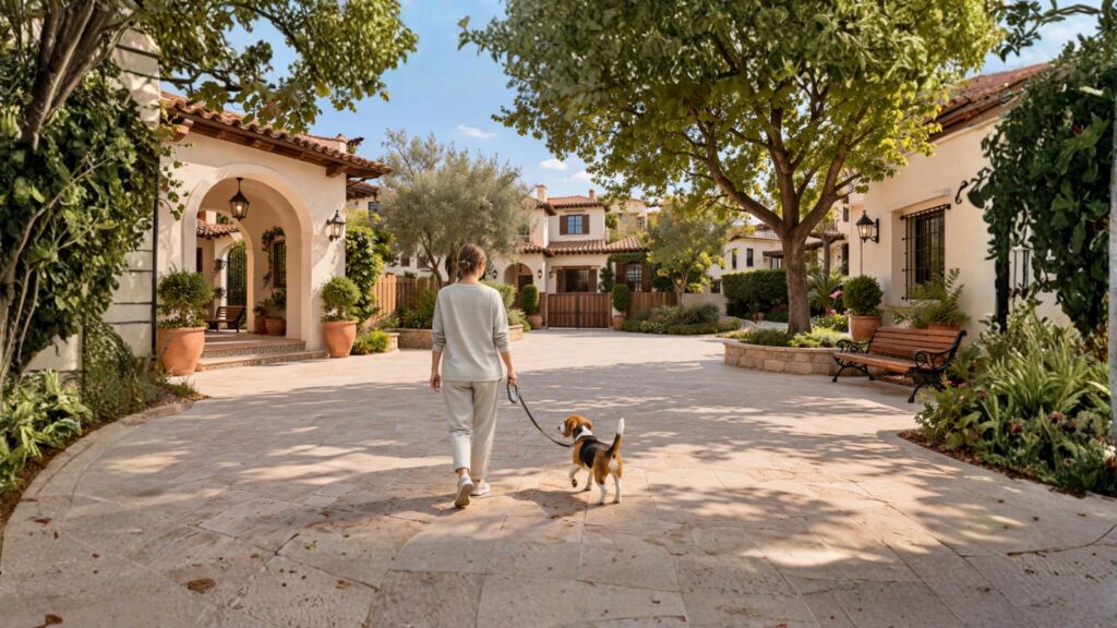 Mujer paseando con su cachorro por un patio tranquilo durante el contacto con un lugar nuevo.