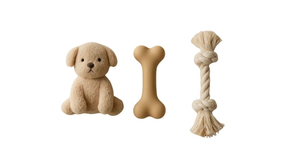Juguetes básicos para cachorro en casa: peluche, mordedor de goma y cuerda