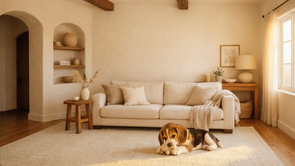 Cachorro beagle joven mordiendo un juguete sobre una alfombra en una sala tranquila durante sus primeros meses en casa