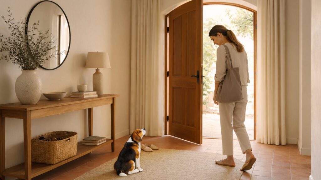 Cachorro sentado observando a una persona que sale de casa durante una rutina tranquila en sus primeros meses