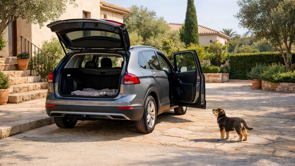 Cachorro observando un coche con el maletero y una puerta abiertos antes de uno de sus primeros viajes.