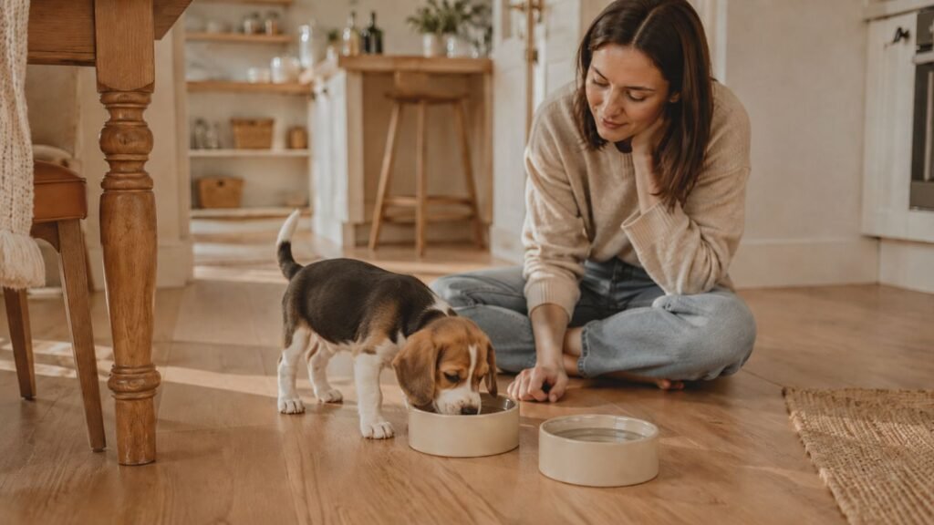 Cachorro comendo em casa junto da sua dona durante uma rotina tranquila de alimentação.