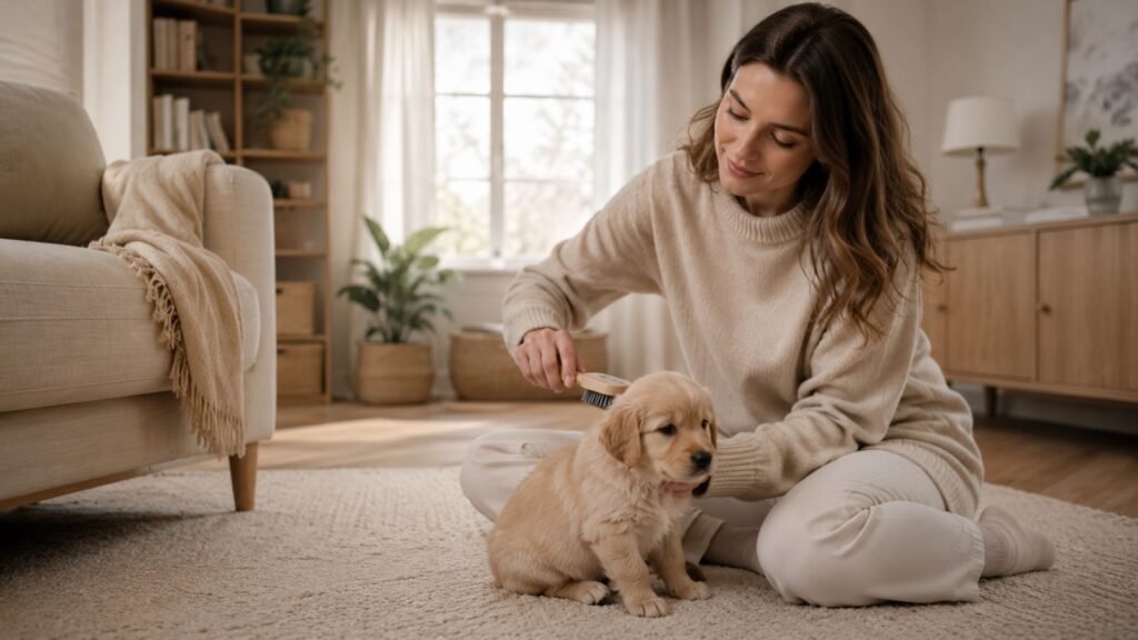 Cachorro siendo cepillado suavemente en casa durante sus primeros meses.