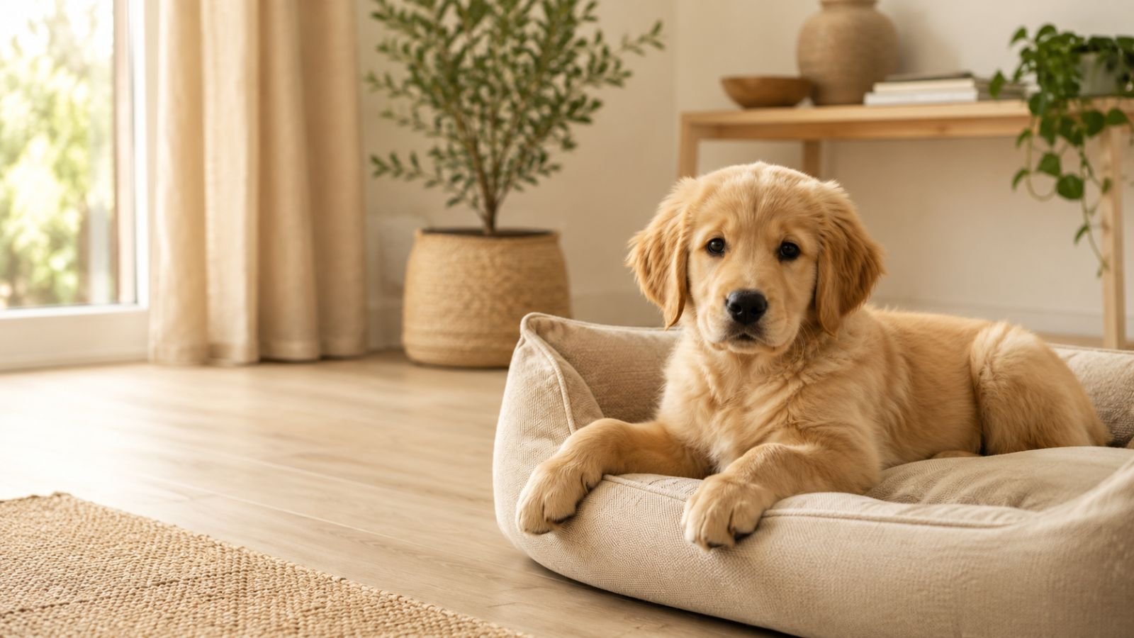 Cachorro descansando en una cama cómoda en casa