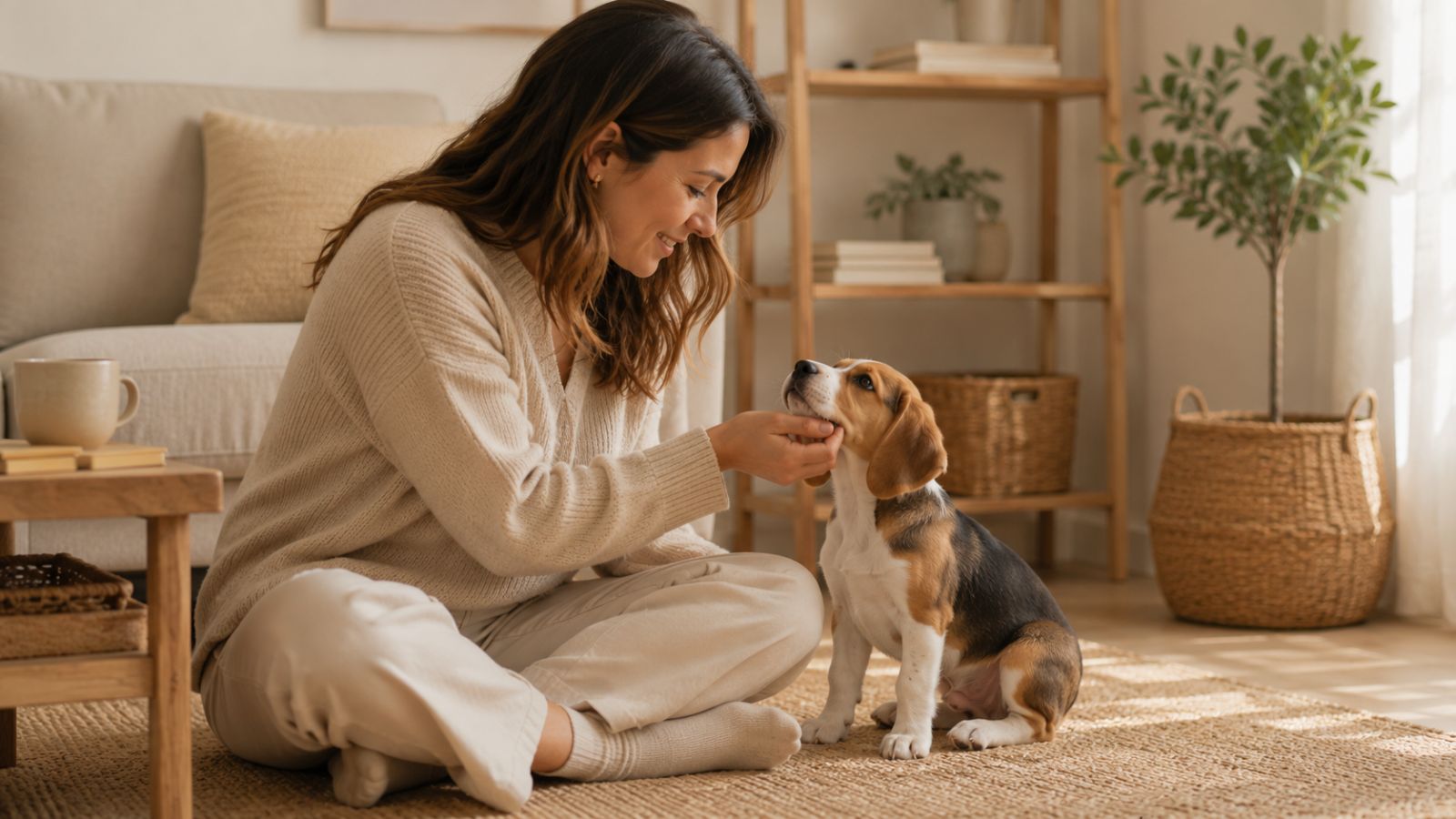 Persona acompañando con calma a un cachorro en casa