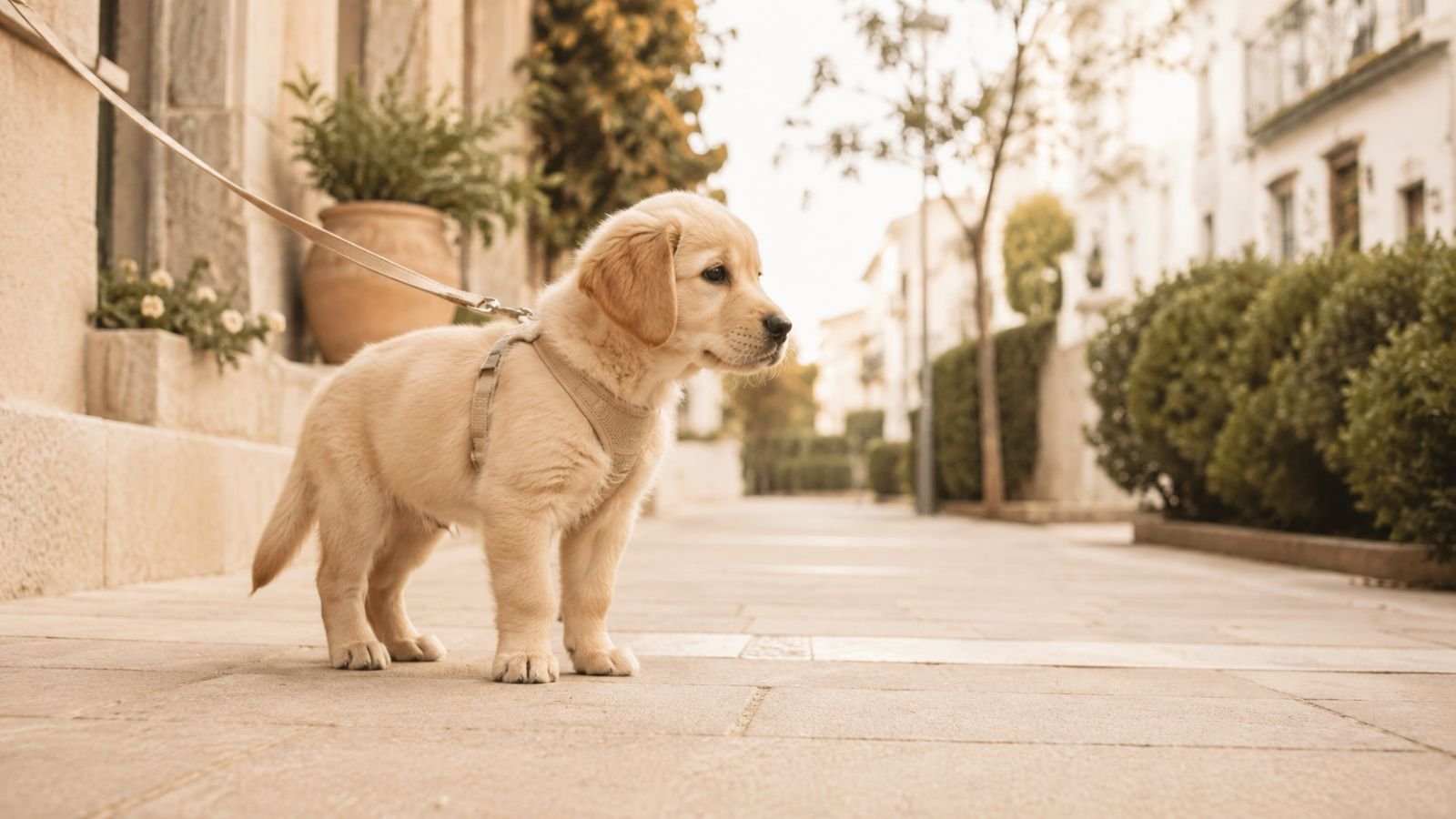 Cachorro paseando con calma en una zona tranquila