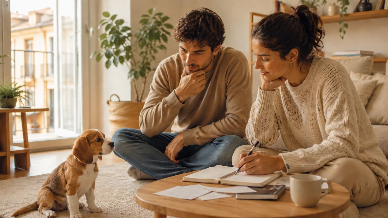 Pareja valorando con calma la decisión de adoptar o comprar un cachorro mientras lo observan en casa.