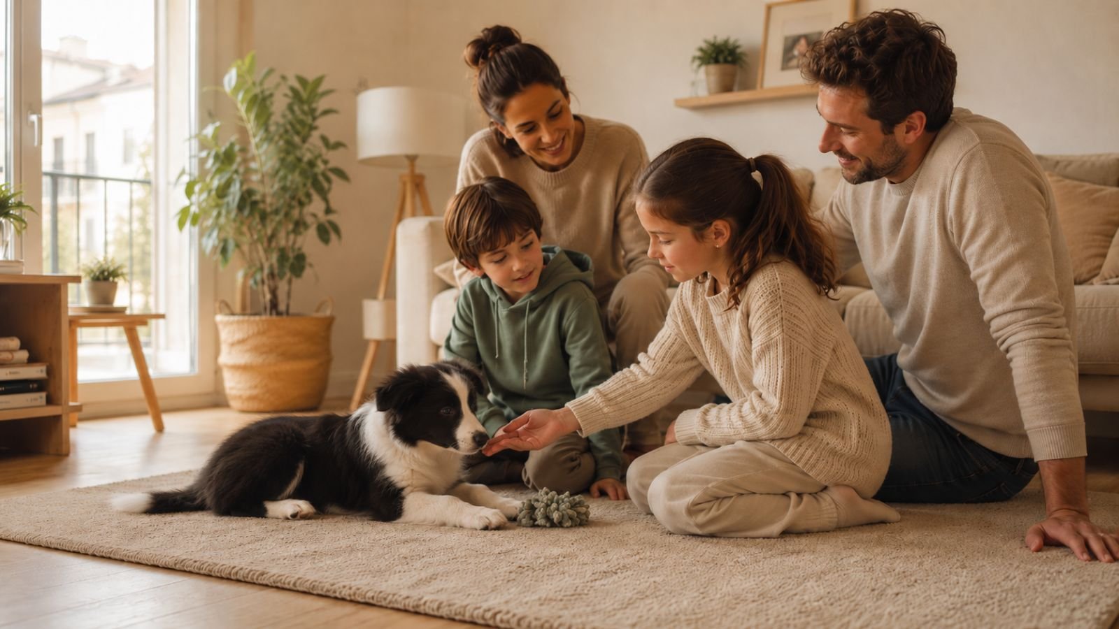 Familia con niños interactuando con calma con un cachorro antes de decidir si encaja en el hogar.