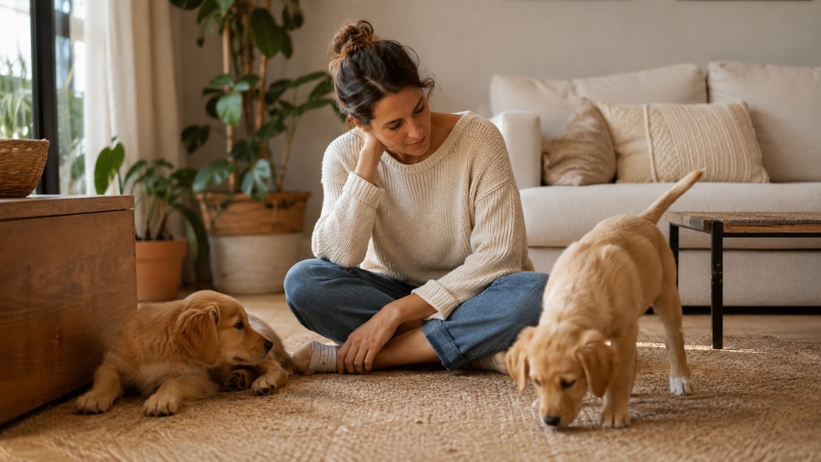 Cachorro tranquilo y cachorro activo en casa mientras una persona observa cuál puede encajar mejor con su rutina.