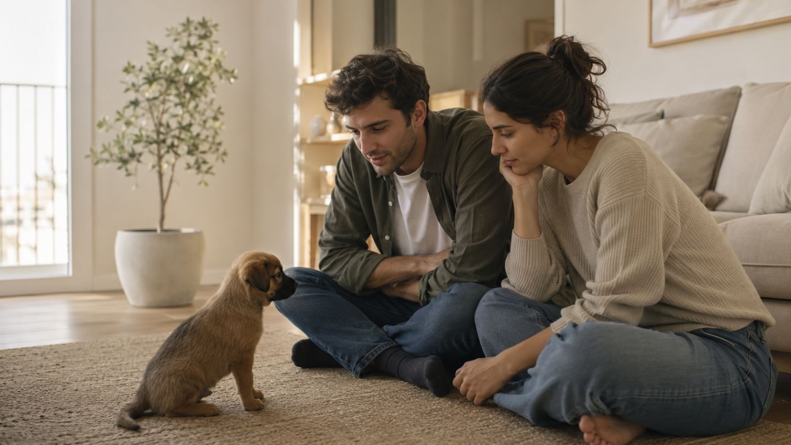 Cachorro en casa con una familia valorando qué tipo de perro puede encajar mejor en su hogar.