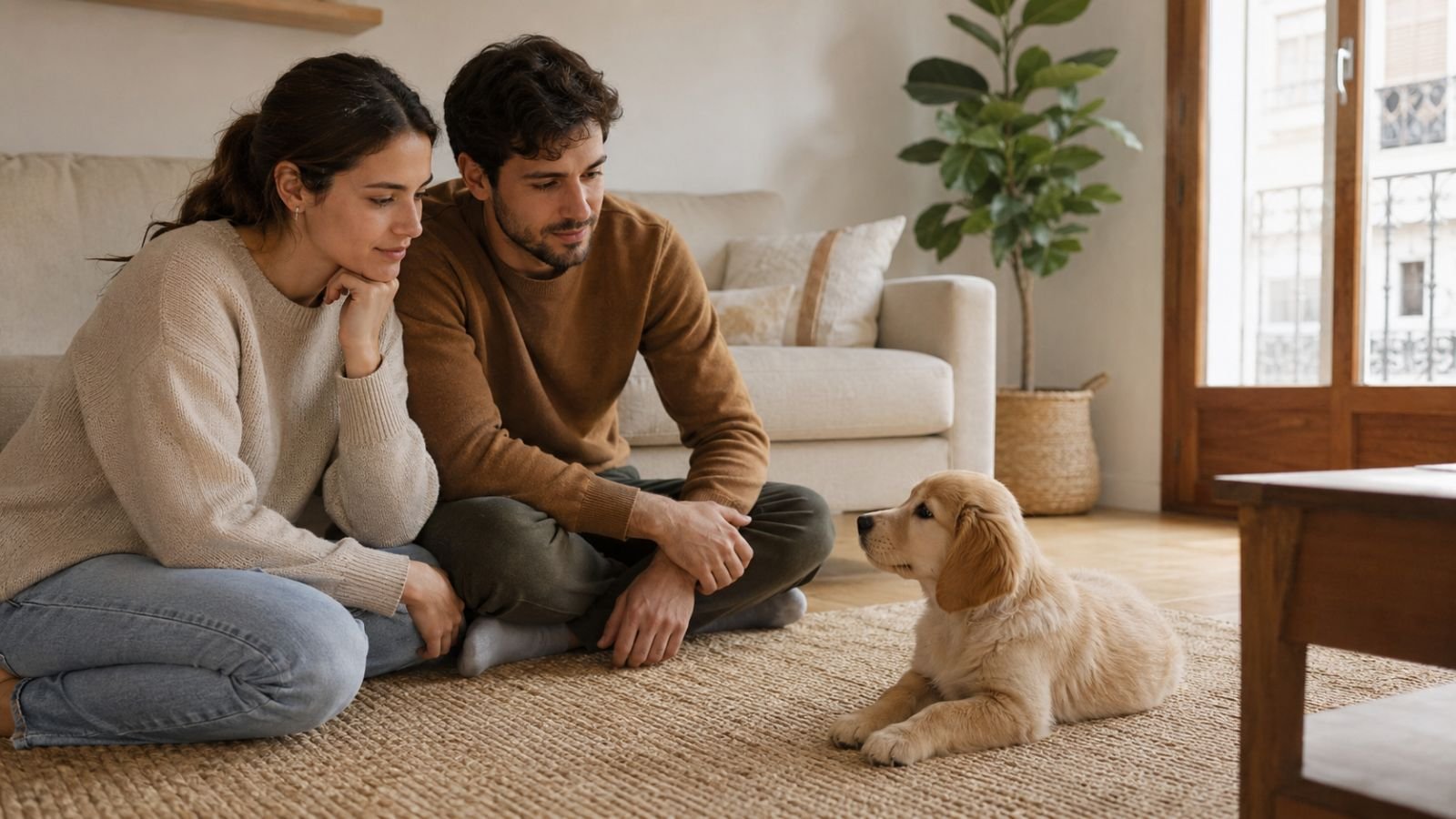 Cachorro en casa con una familia valorando qué tipo de perro puede encajar mejor en su hogar