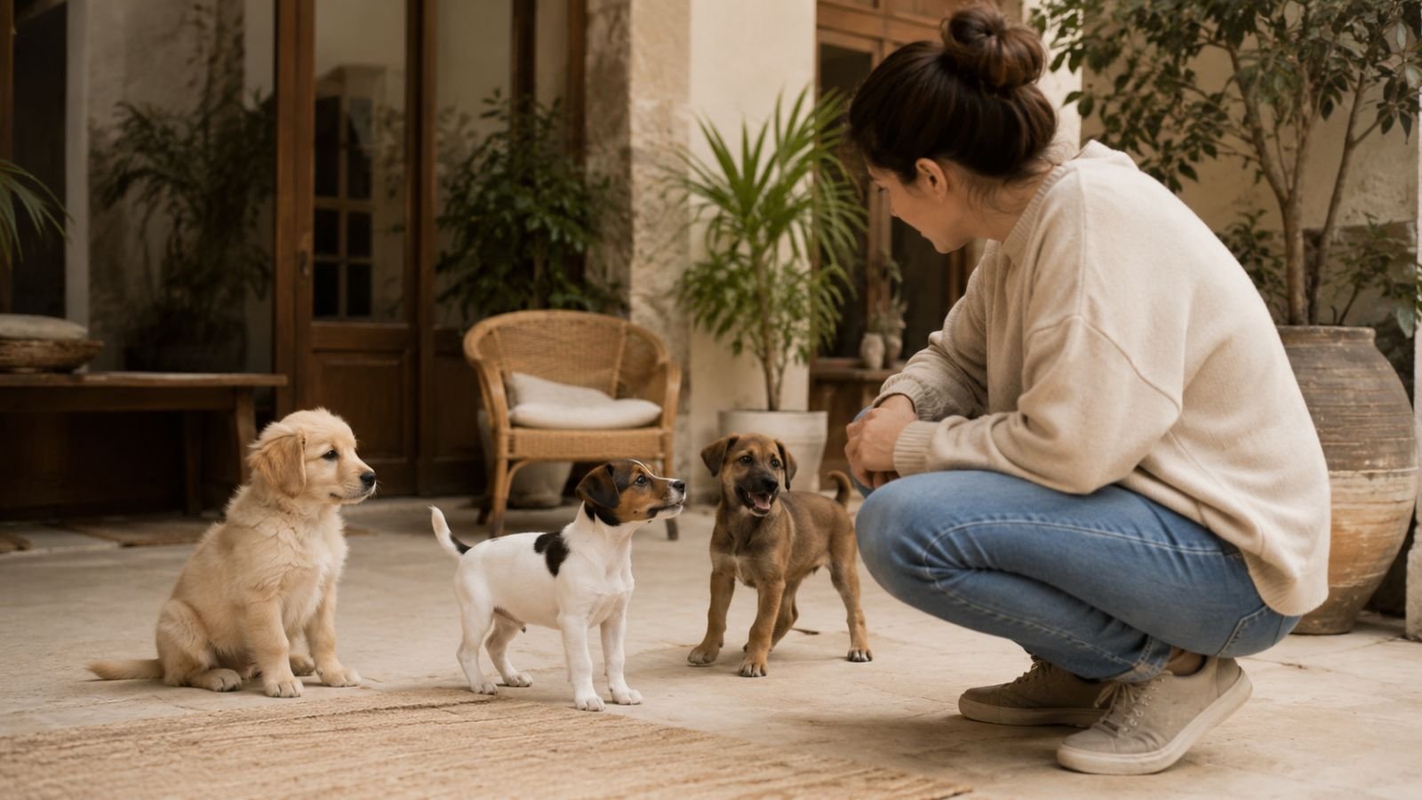 Persona observando con calma a varios cachorros diferentes antes de elegir qué tipo de perro puede ser más adecuado como primer cachorro.